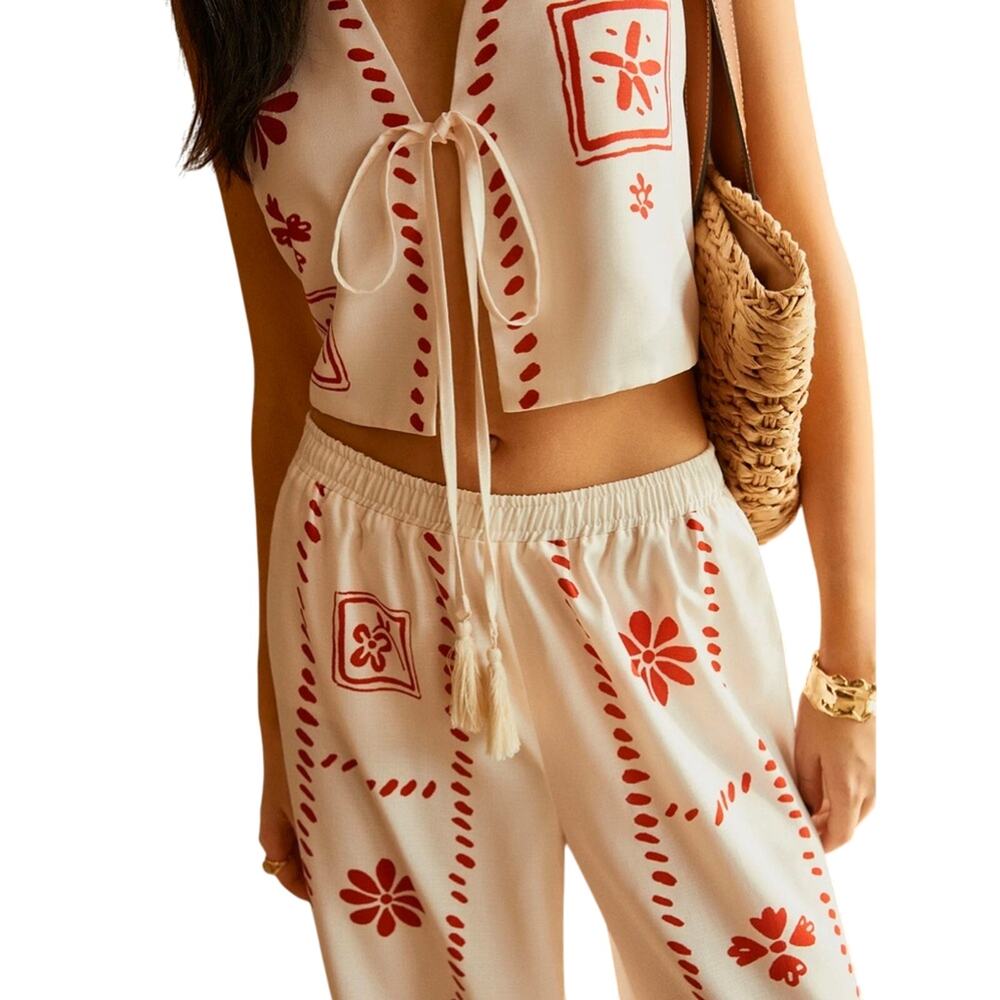 Commense Cream Two-Piece Tie-Front Top and Pants with Red Floral Print